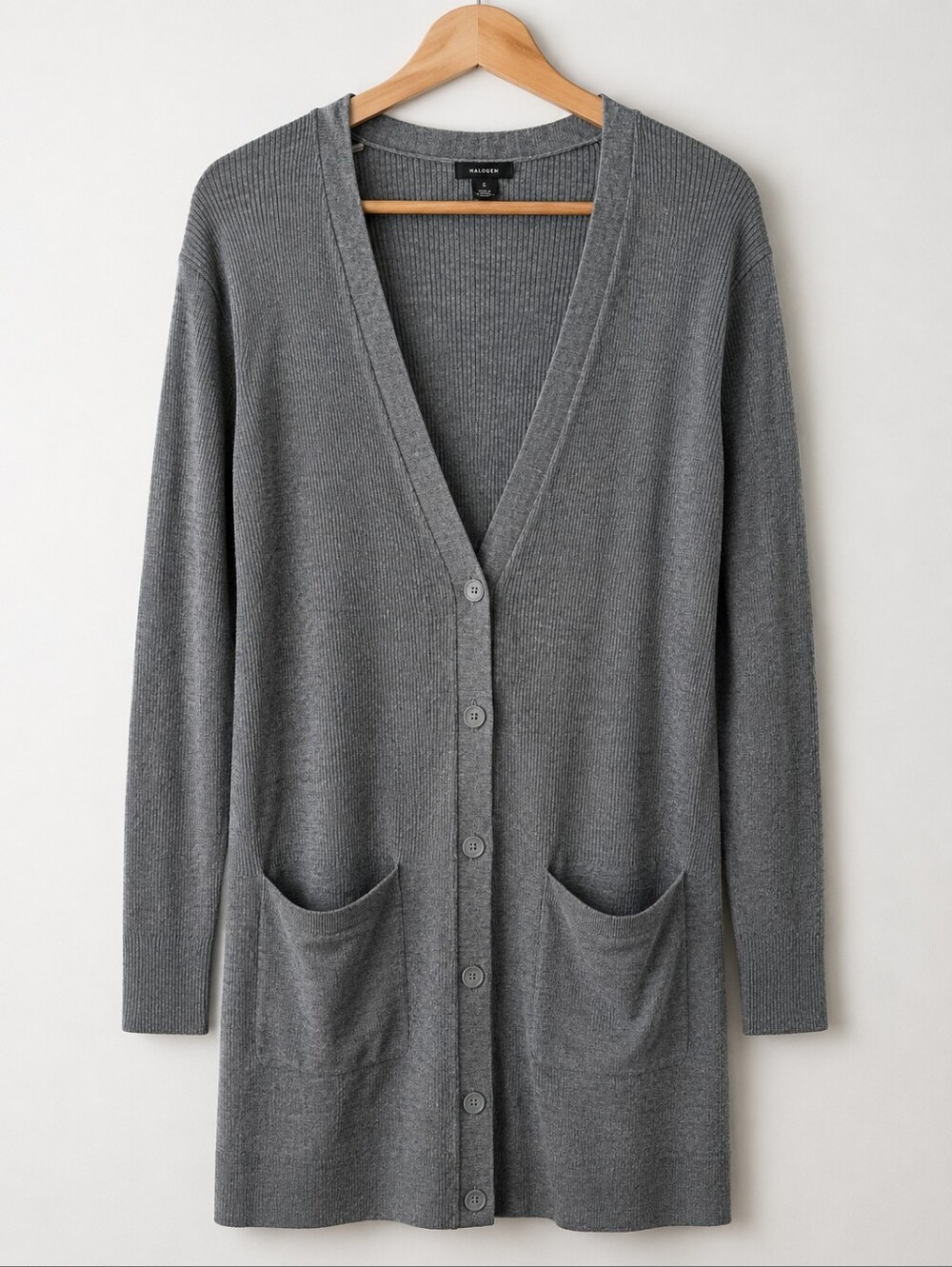 Halogen Gray Merino Wool Long-Sleeve V-neck Button-up Cardigan Sz M
